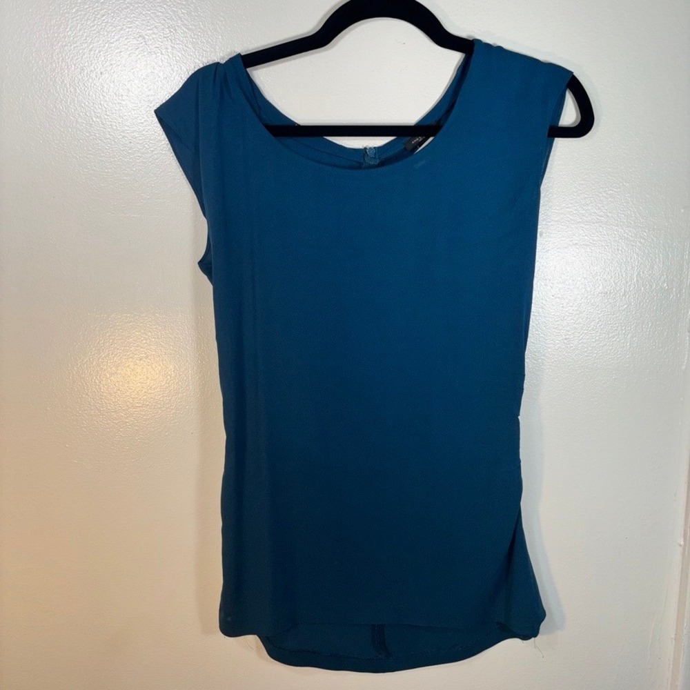Ann Taylor Silk Blouse Women Sz 6 Teal Ruched Cap Sleeve Top
